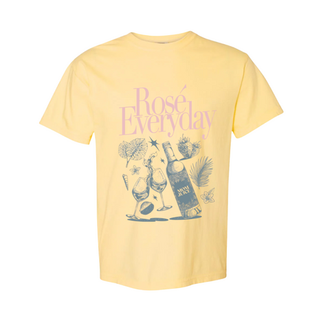 Yellow t-shirt with 'Rosé Everyday' text and graphics on a white background