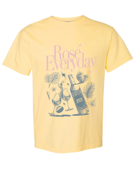 Yellow t-shirt with 'Rosé Everyday' graphic design on a white background