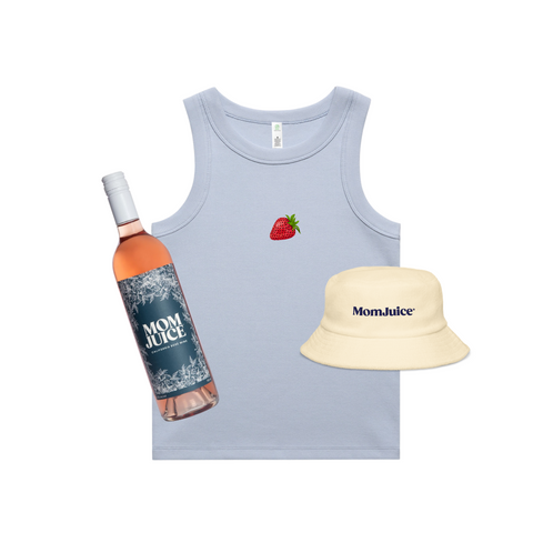 Light blue tank top with strawberry graphic, bottle of 'Mom Juice', and beige bucket hat on a white background