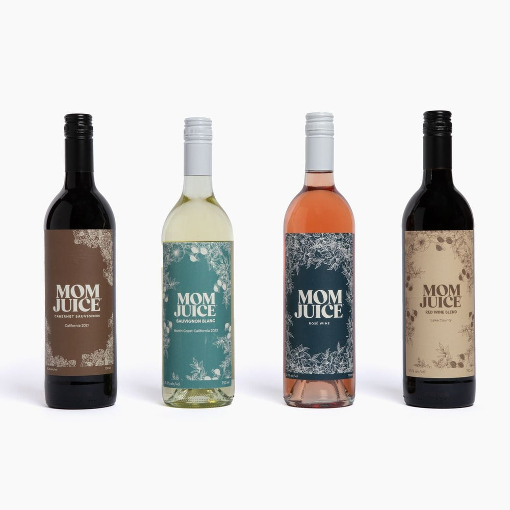 The four Mom Juice wine bottles