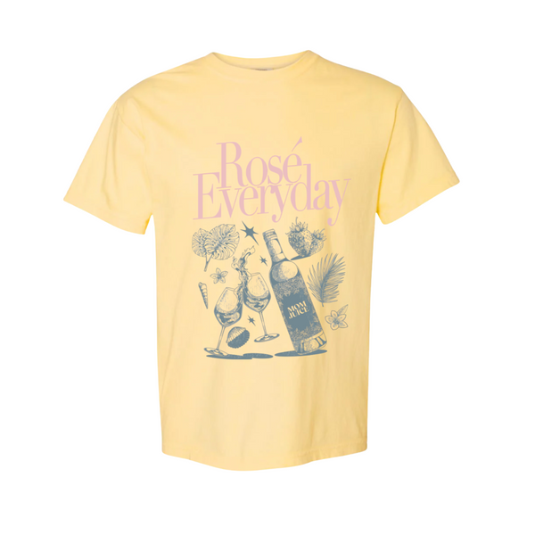 Yellow t-shirt with 'Rosé Everyday' text and graphics on a white background