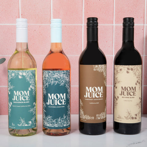 The four Mom Juice wine bottles