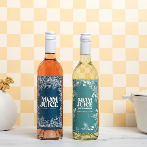 Mom Juice Rosé and Sauvignon Blanc on Checkered Background